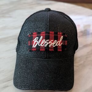 Blessed Buffalo Plaid Patch Trucker Hat Black Glitter Mesh Back Snapback Cap